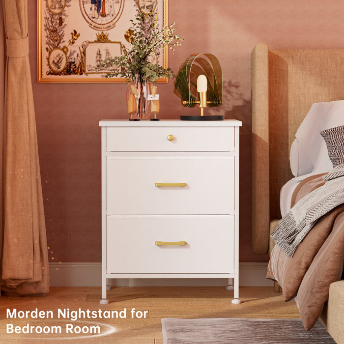Ebern Designs Tineka Nightstand, Small Dresser, End Table with 3 Fabric Drawers for Bedroom